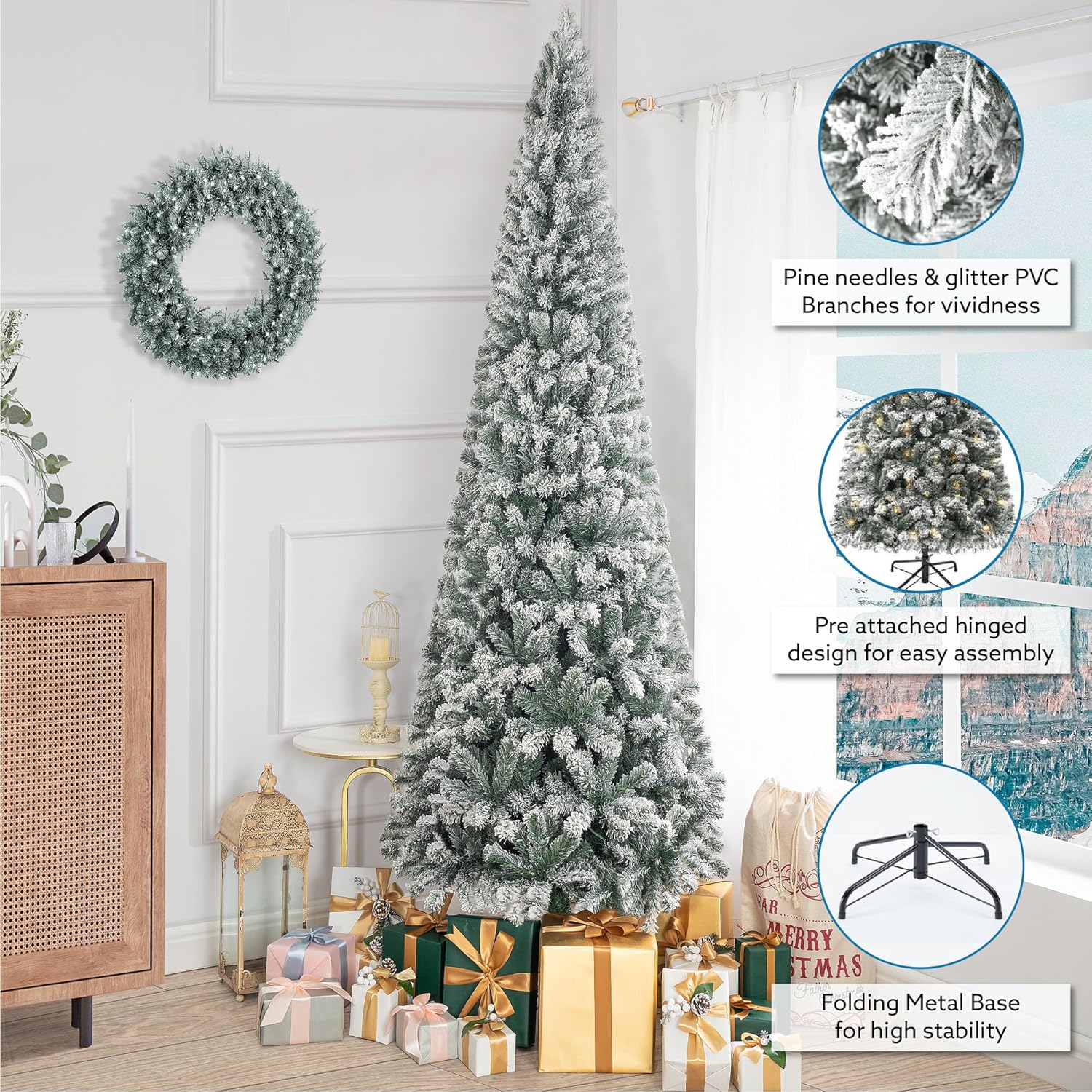 Naomi Home Salzburg 9ft Frosted Prelit Slim Artificial Christmas Tree with 1455 Branch Tips, 500