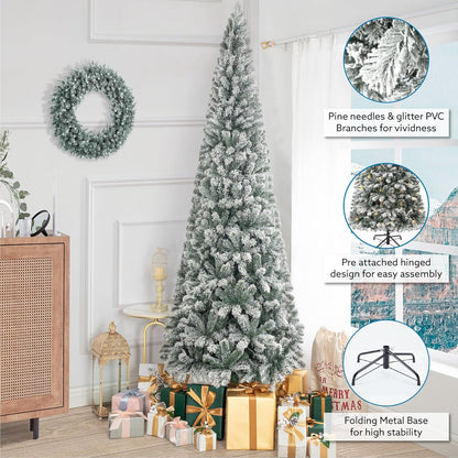 Naomi Home Salzburg 9ft Frosted Prelit Slim Artificial Christmas Tree with 1455 Branch Tips, 500