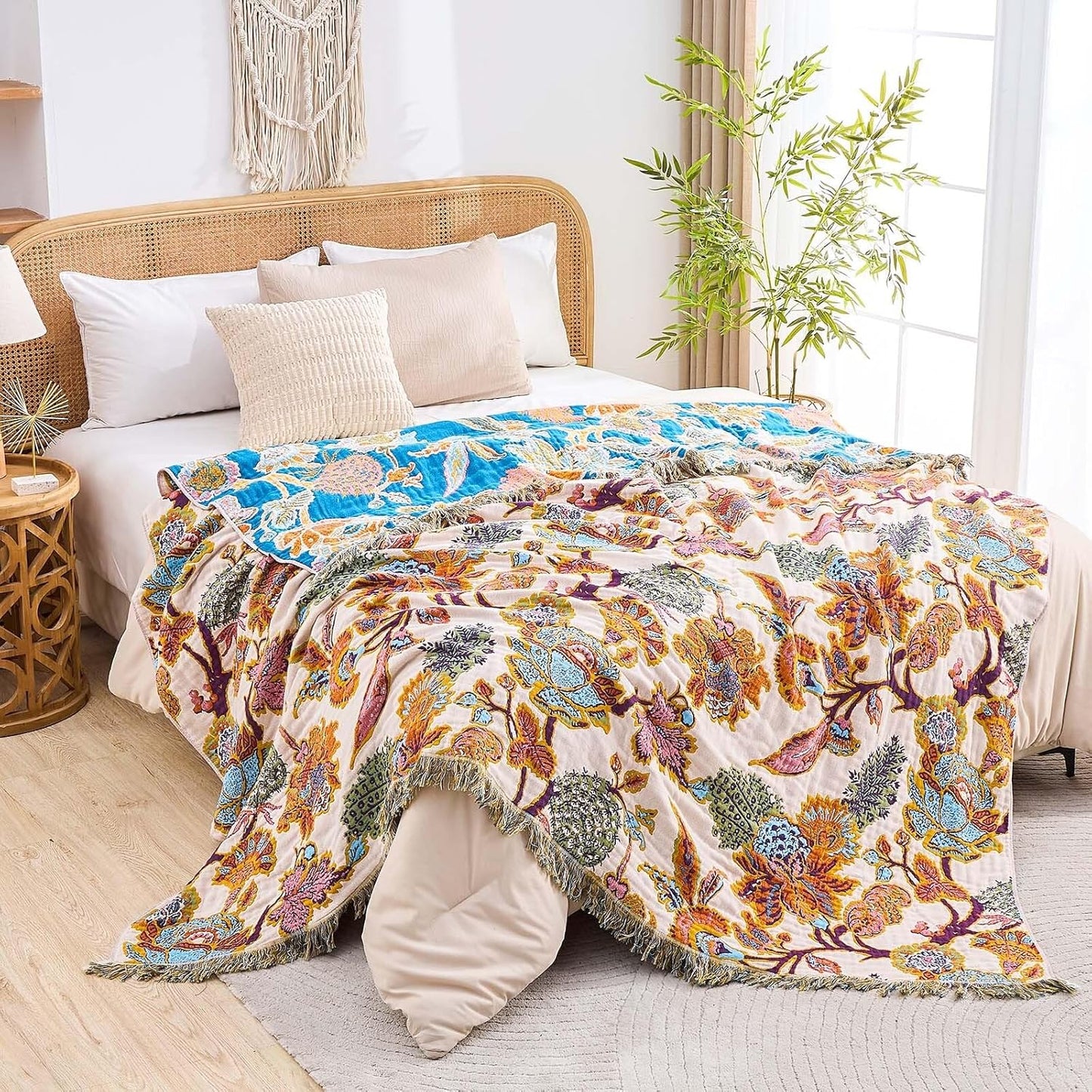 Boho Throw Blanket for Bed, 100% Cotton Soft Rustic Quilt Fall Blanket, 80"x90" Floral Printed