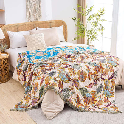 Boho Throw Blanket for Bed, 100% Cotton Soft Rustic Quilt Fall Blanket, 60"x80" Floral Printed