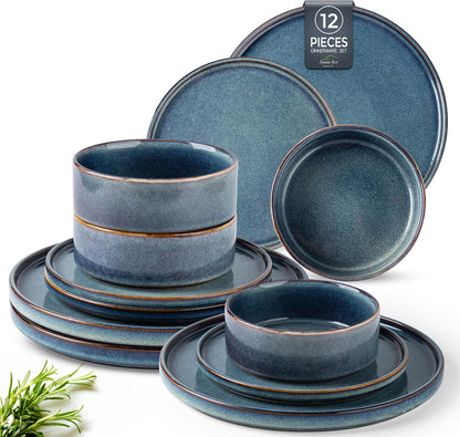 AmorArc Ceramic Dinnerware Sets, Handmade Reactive Glaze Stoneware Plates and Bowls Sets,Highly