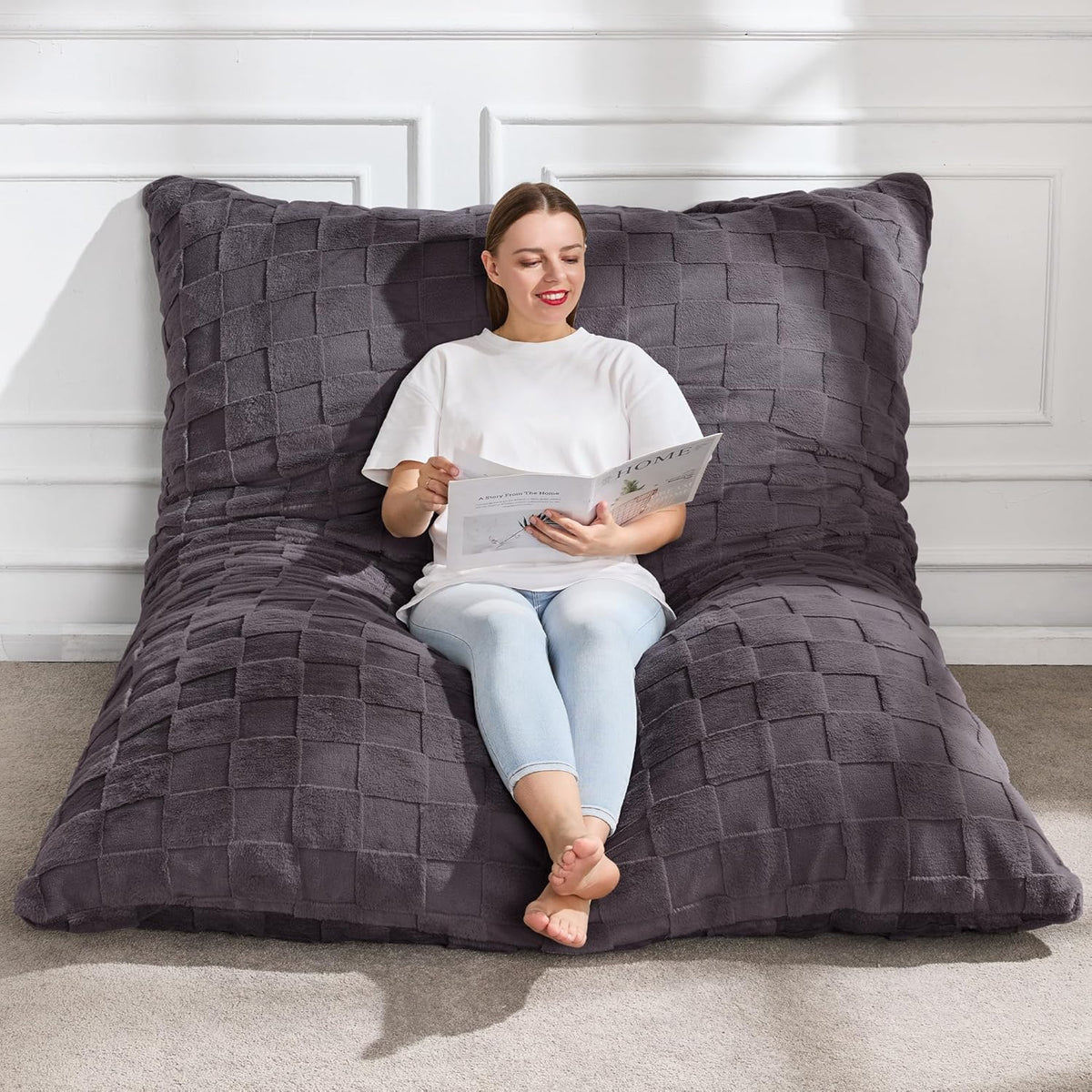 Hobestluk 3 in 1 Bean Bag Chair Giant Bean Bag Chairs for Adults with Plaid Cover Convertible Bean