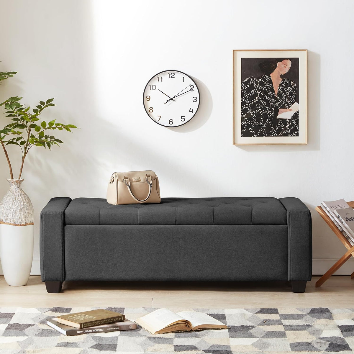 48" Ottoman with Storage, Storage Ottoman Bench with Safety Hinge, Upholstered Entryway Bench with