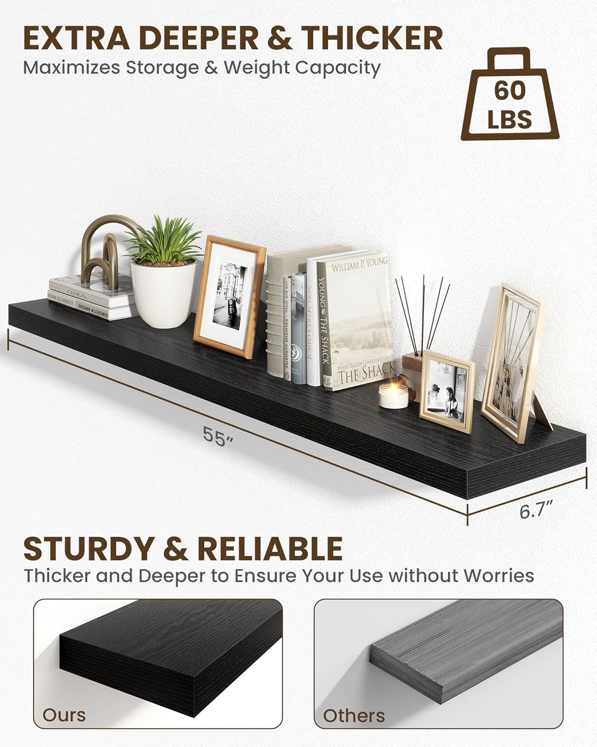 Marsmiles 55" Floating Shelves for Wall, Wooden Shelves with Invisible Brackets Set of 2, Rustic