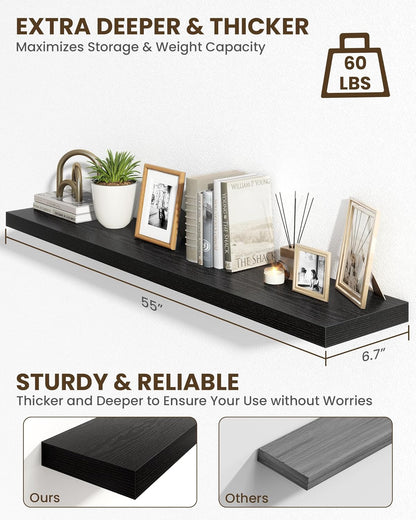 Marsmiles 55" Floating Shelves for Wall, Wooden Shelves with Invisible Brackets Set of 2, Rustic