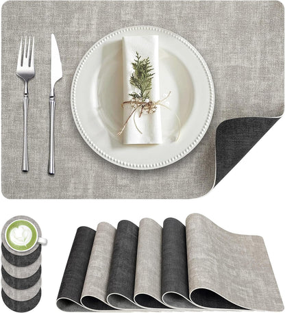 Faux Leather Dual Sided Placemats Set of 6, Square Non-Slip Heat Resistant Placemats with Coaster