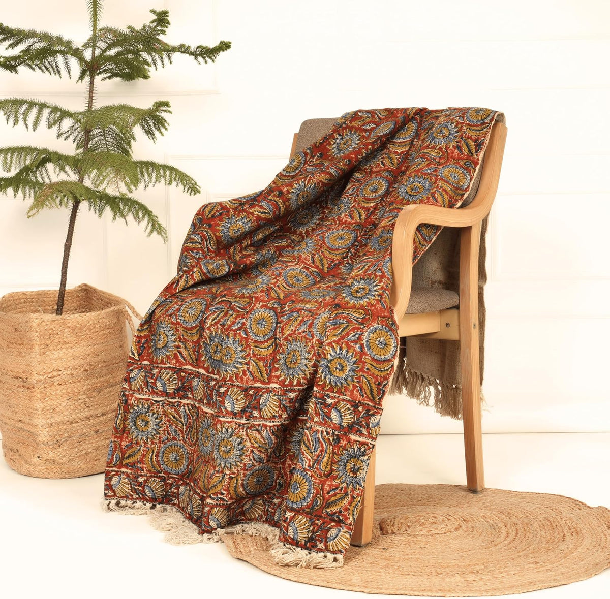 Handmade Cotton Throw Blanket | Floral Block Print in Orange & Navy | 48x70 Inches Fringed Bed