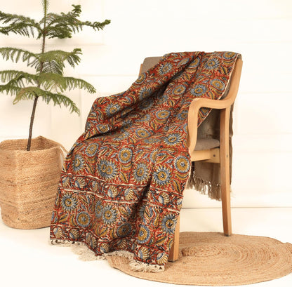 Handmade Cotton Throw Blanket | Floral Block Print in Orange & Navy | 48x70 Inches Fringed Bed