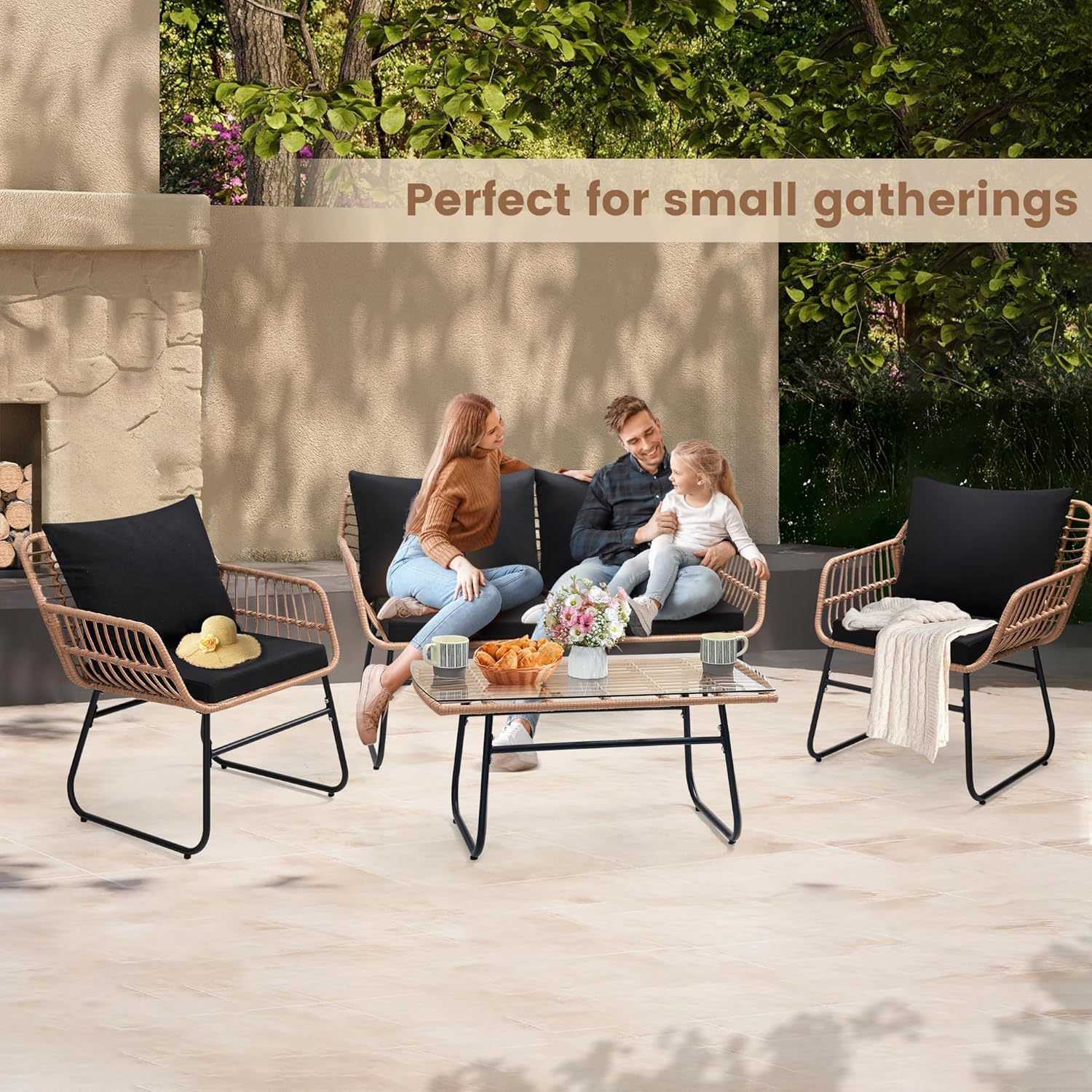 Kromax 4 Piece Patio Bistro Outdoor Furniture Set, Wicker Sofa, 2 Rattan Chairs, and Table