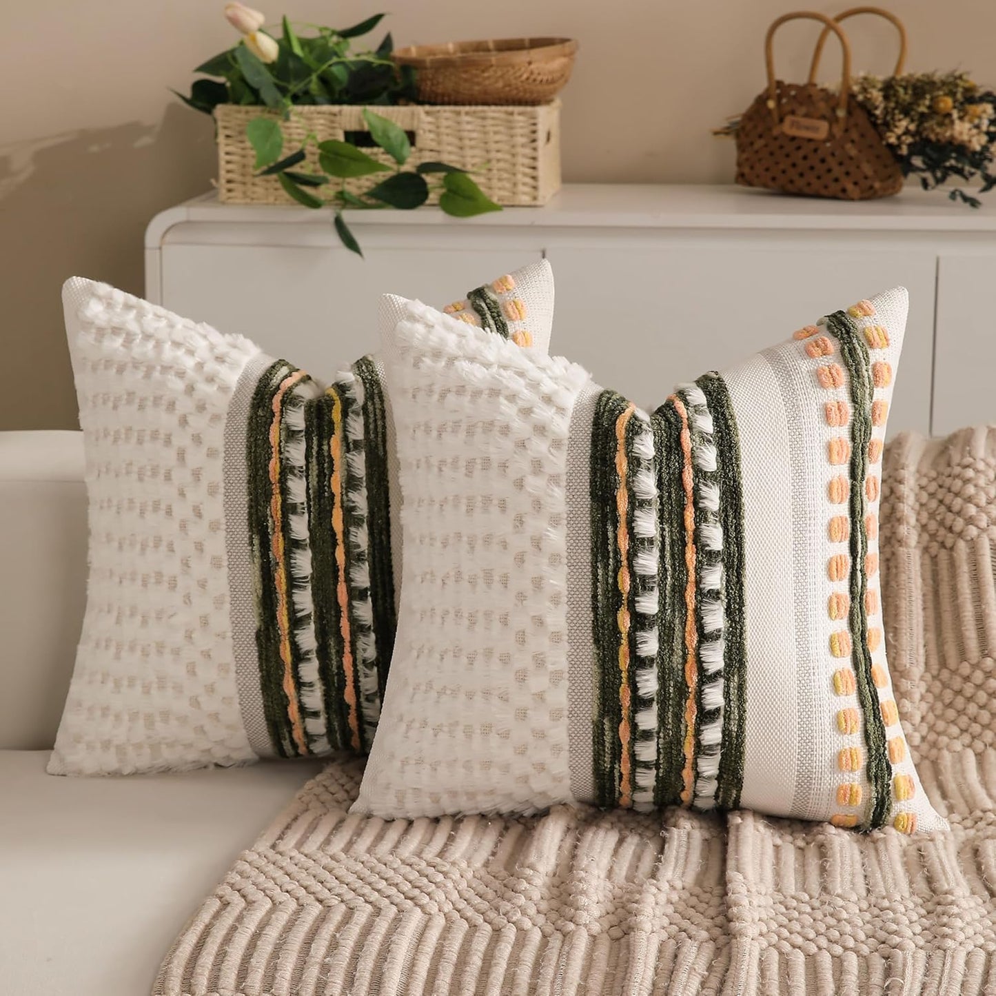 Boho Chenille Tufted Couch Throw Pillow Covers 18x18 Inch Set of 2 Farmhouse Striped Decorative