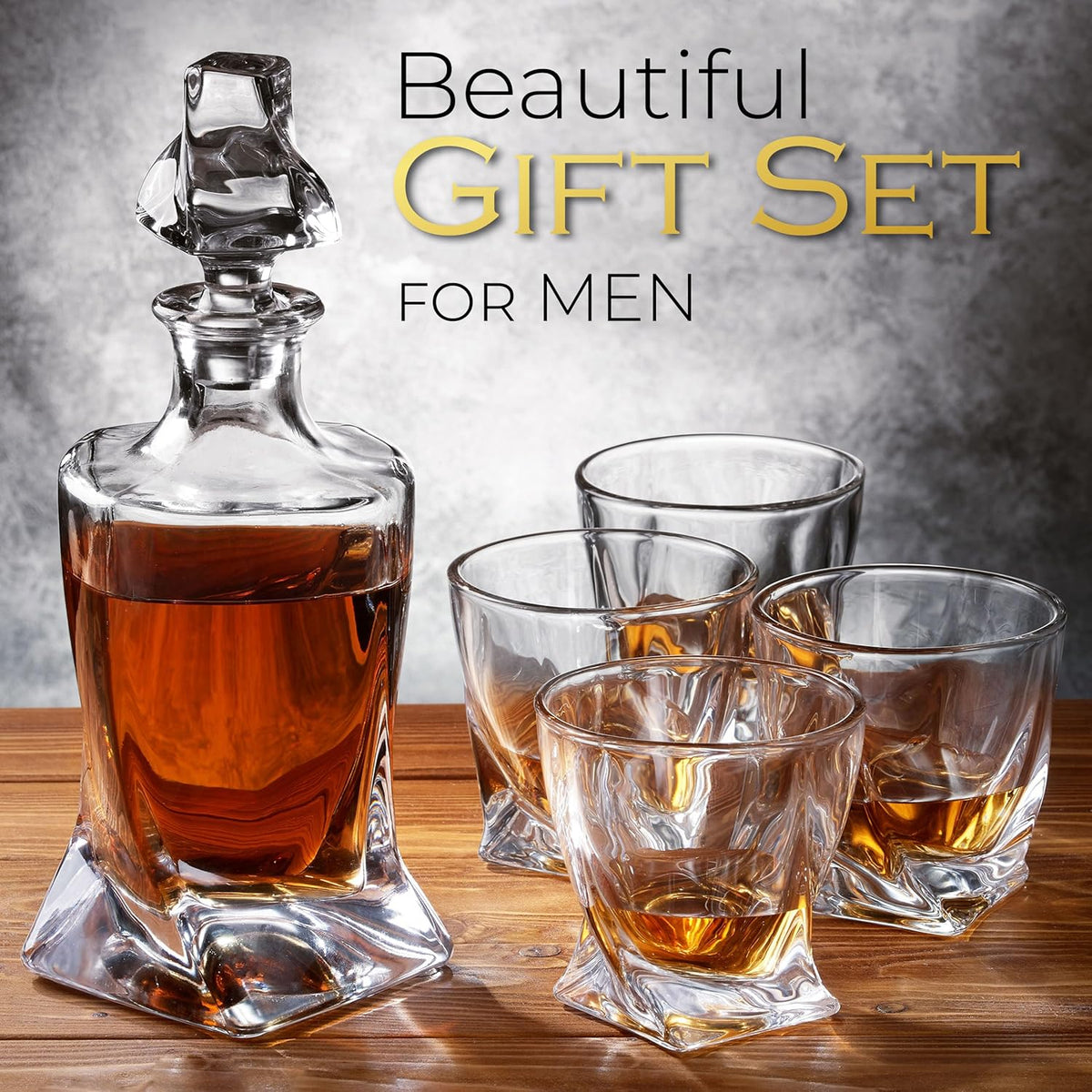 Whiskey Decanter Set for Men with 4 Drinking Glasses for Cognac, Bourbon, Rum, Scotch, Liquor