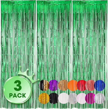 3 Pack 3.3x8.2 Feet Green Foil Fringe Backdrop Curtains, Tinsel Streamers Birthday Party