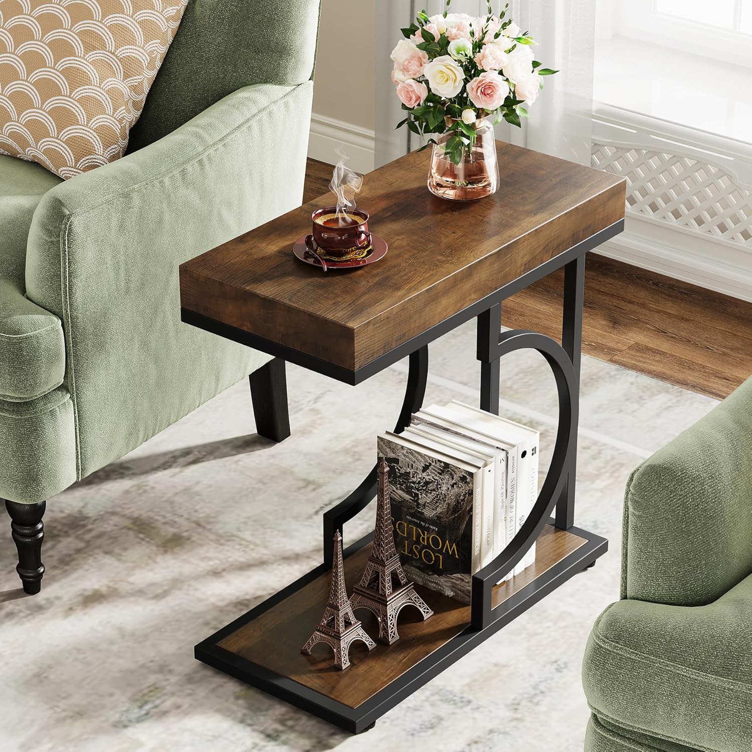Tribesigns Narrow Side Table Brown Black C Shaped End Table Modern Bedside Tables for Couch, Small