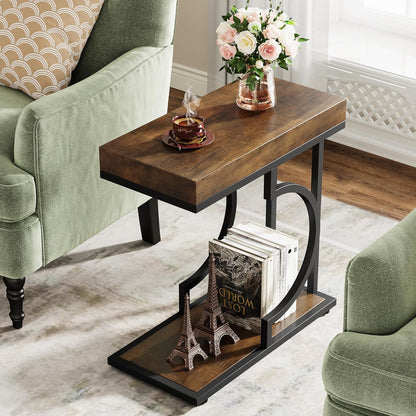 Tribesigns Narrow Side Table Brown Black C Shaped End Table Modern Bedside Tables for Couch, Small