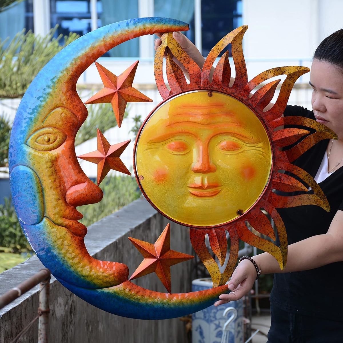 Metal Larger Size 29 Inch Sun Outdoor Wall Art Decor with Moon & Stars,Hanging for Indoor Outdoor