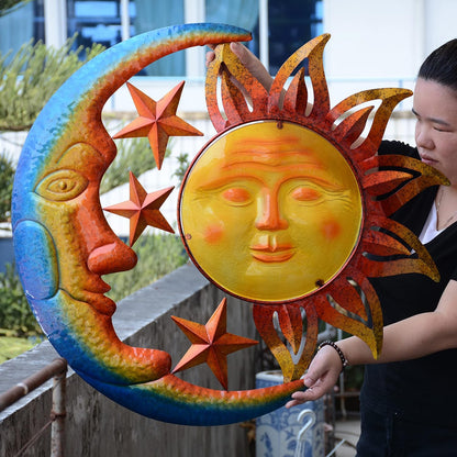 Metal Larger Size 29 Inch Sun Outdoor Wall Art Decor with Moon & Stars,Hanging for Indoor Outdoor