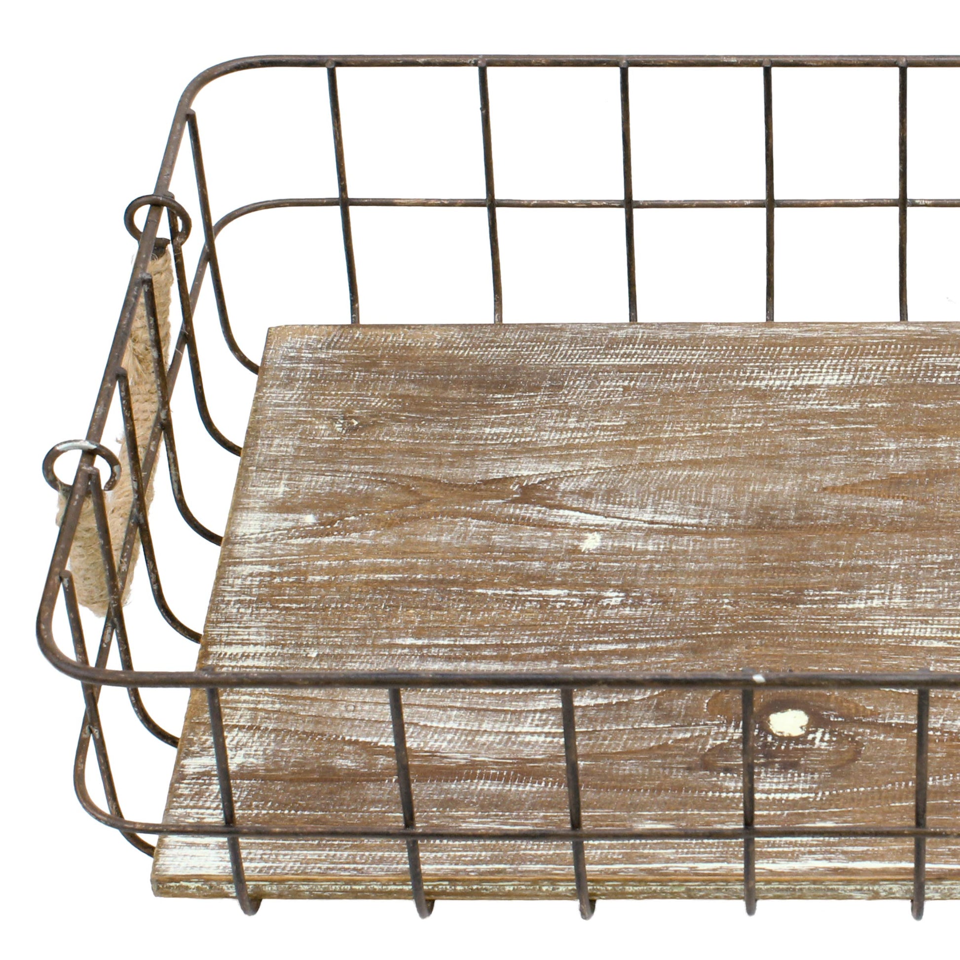 Stonebriar Stackable 2pc Rectangle Metal Wire and Wood Basket Set with Rope Wrapped Handles, Rustic