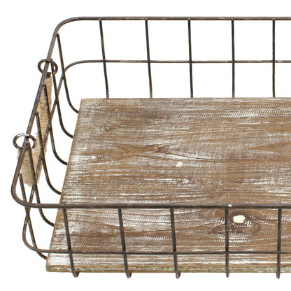 Stonebriar Stackable 2pc Rectangle Metal Wire and Wood Basket Set with Rope Wrapped Handles, Rustic