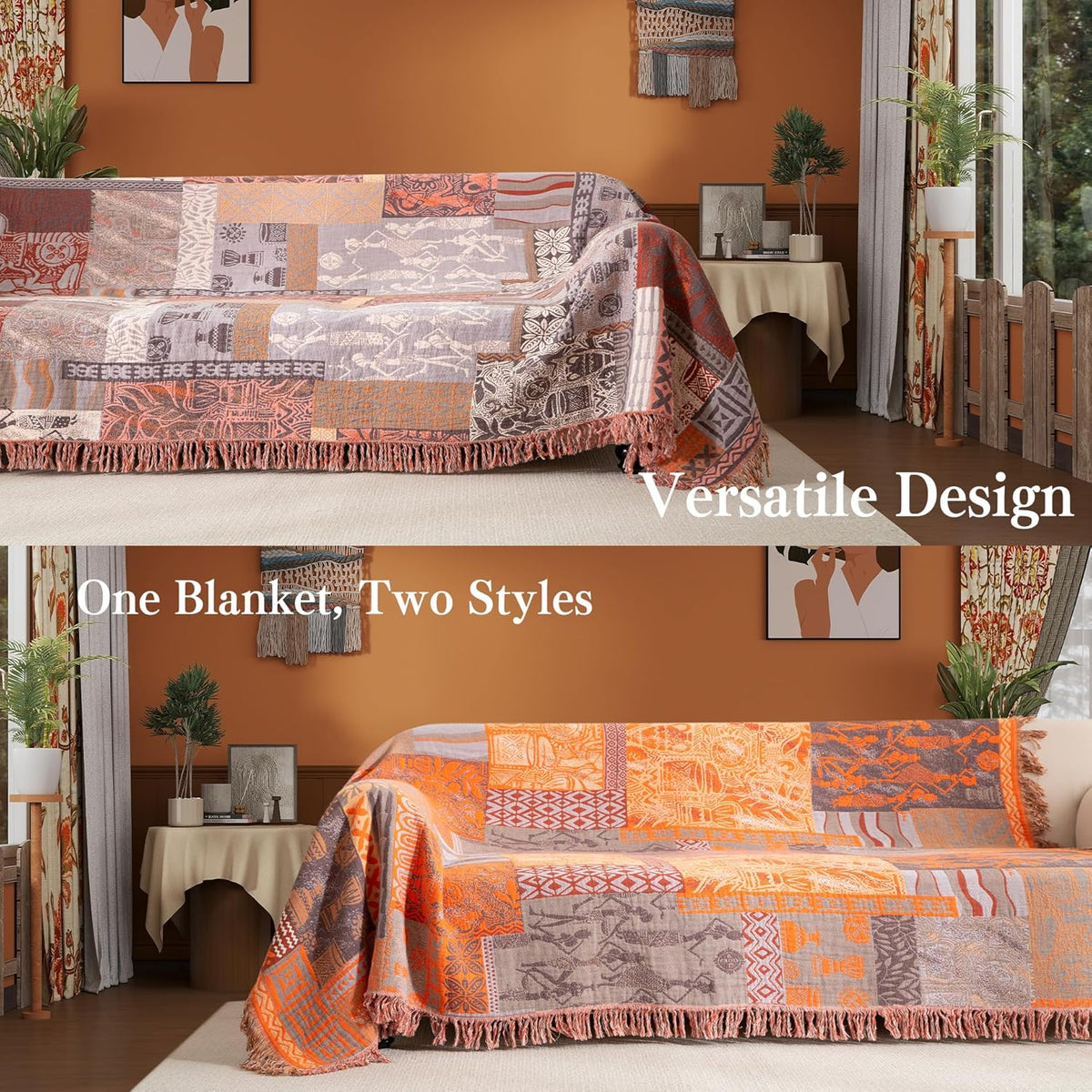 Boho Throw Blanket Twin Size, Soft Cozy Cotton Muslin Quilt Blanket for Bed Decor, Patchwork Block