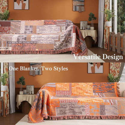 Boho Throw Blanket Twin Size, Soft Cozy Cotton Muslin Quilt Blanket for Bed Decor, Patchwork Block