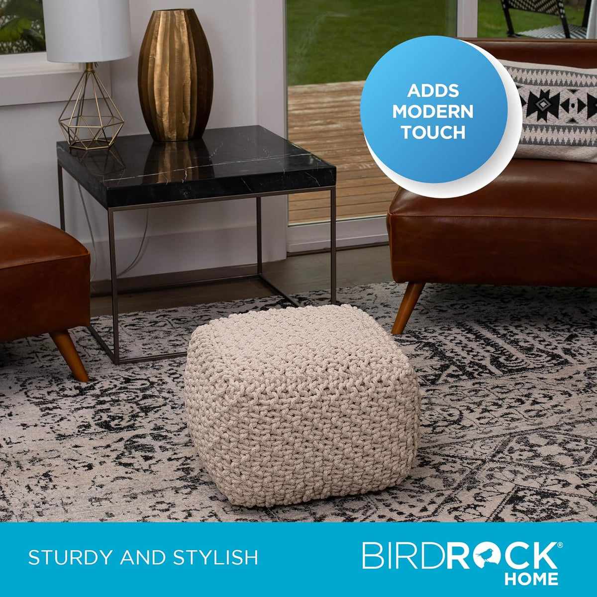 BIRDROCK HOME Square Pouf Ottoman | Cotton Braided Foot Stool with Bean Bag Filling | Boho Foot