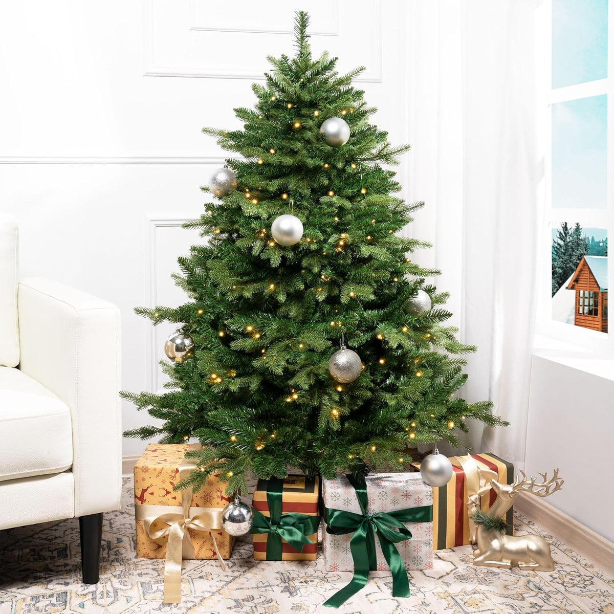 Cynthia 4.5ft Prelit Aritificial Christmas Tree with 1117 Branch Tips, 300 Warm Lights and Metal