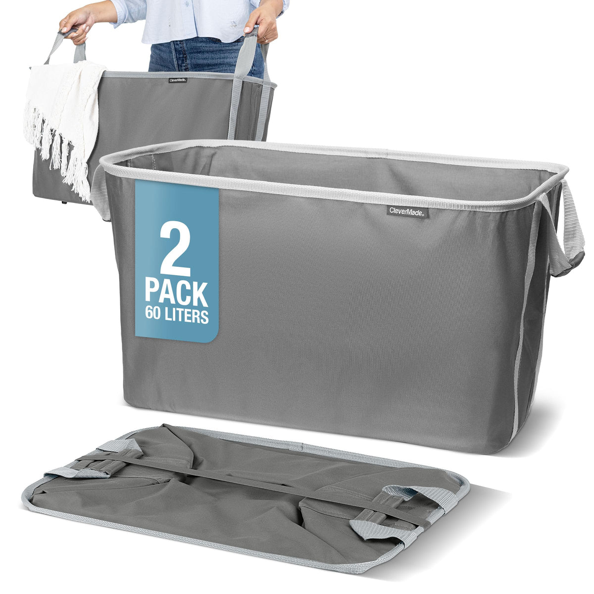 CleverMade Collapsible Laundry Basket, 60L Pop-Up Hamper, 2 Pack, Charcoal