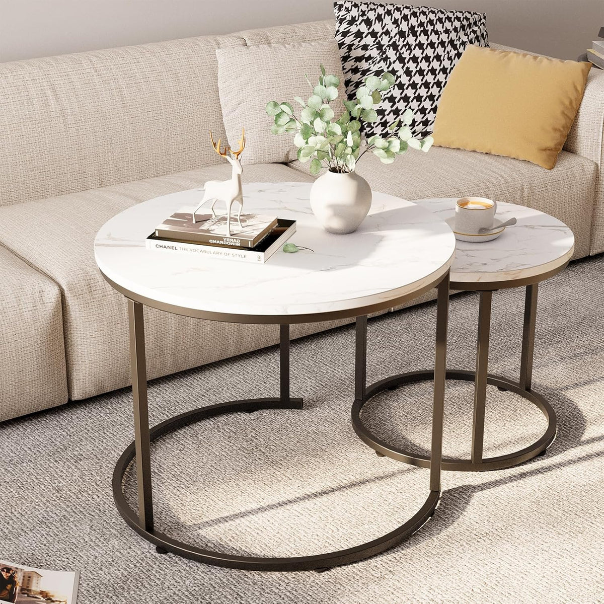 aboxoo Round Nesting Coffee Table Side Table Set of 2 End Tables for Living Room Bedroom Balcony