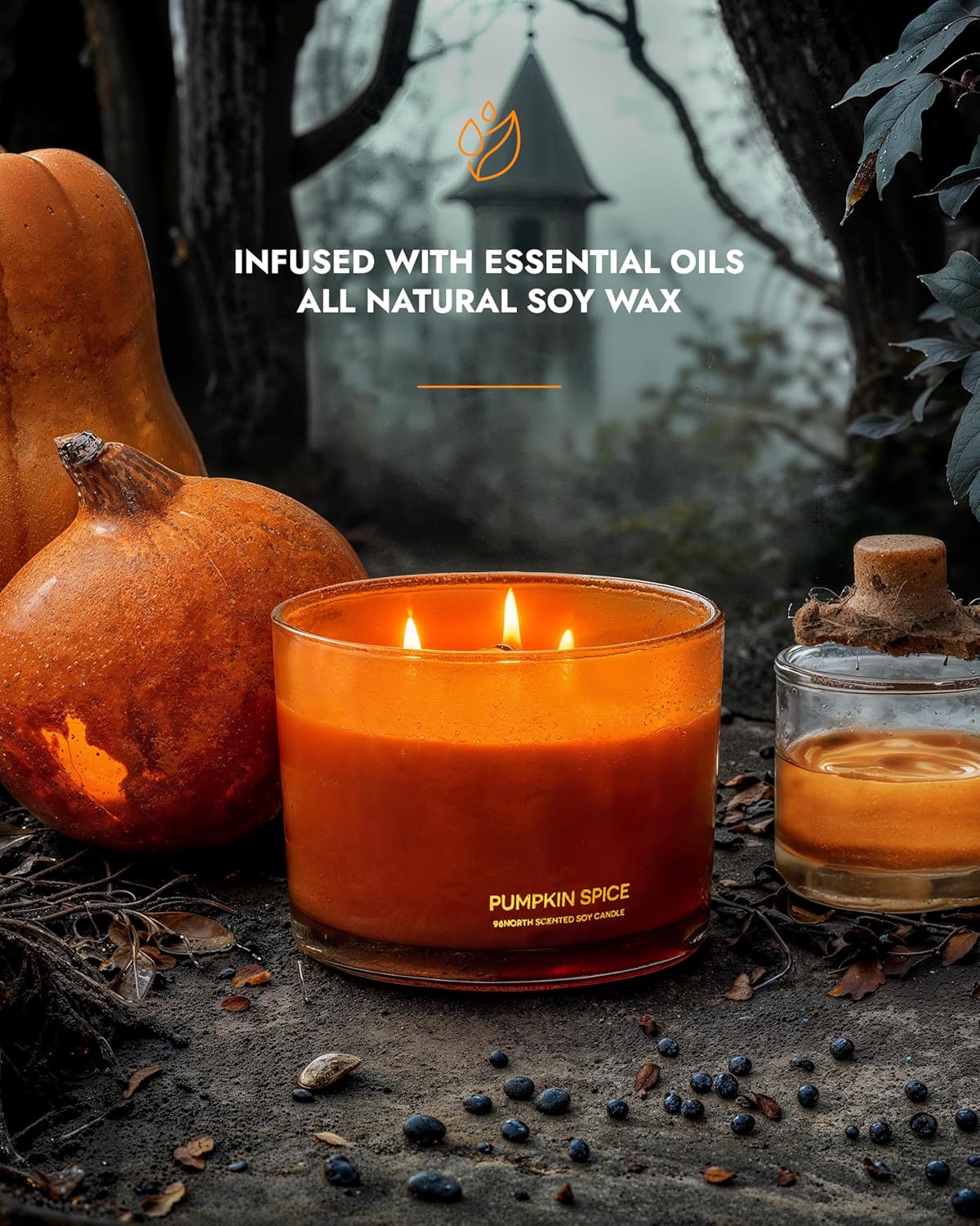 96NORTH Luxury Pumpkin Soy Candle | Large 3 Wick Jar Candle | Halloween & Fall Decor | Up to 40