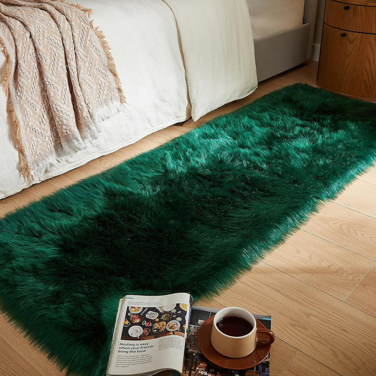 AMTOVO Faux Fur Rug, Dark Green Ultra Soft Fluffy Shag Sheepskin Rug, 2 x 6 ft Runner Area Rugs for