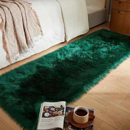 AMTOVO Faux Fur Rug, Dark Green Ultra Soft Fluffy Shag Sheepskin Rug, 2 x 6 ft Runner Area Rugs for