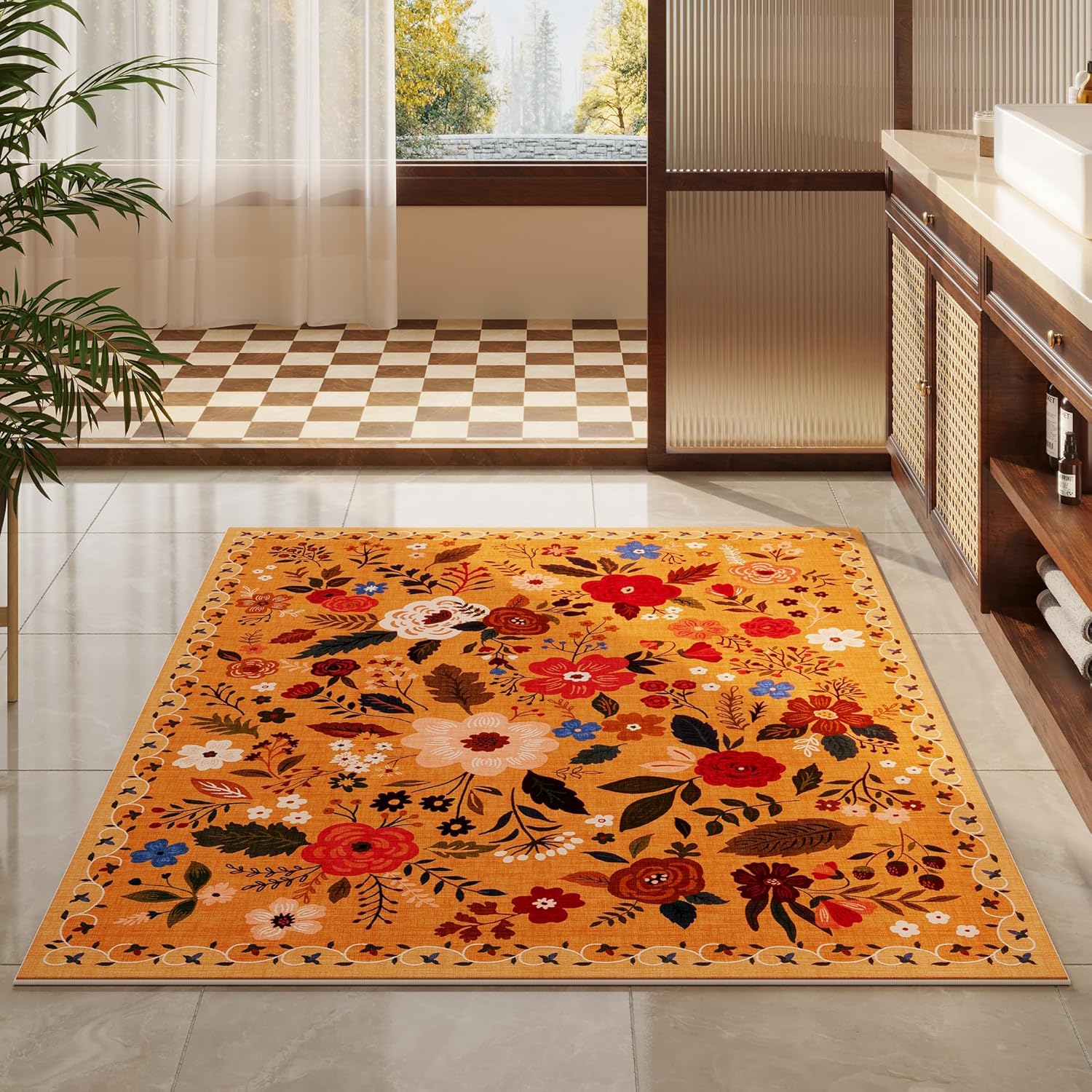Bedroom Rug 3x5 Rug Washable Area Rug Non Slip Low Pile Boho Floral Small Carpet for Bedroom