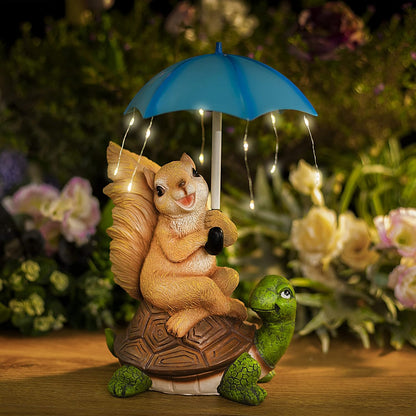 Malister Solar Garden Statue Outdoor Decor - Squirrel Siting on Turtle Statue with String Lights