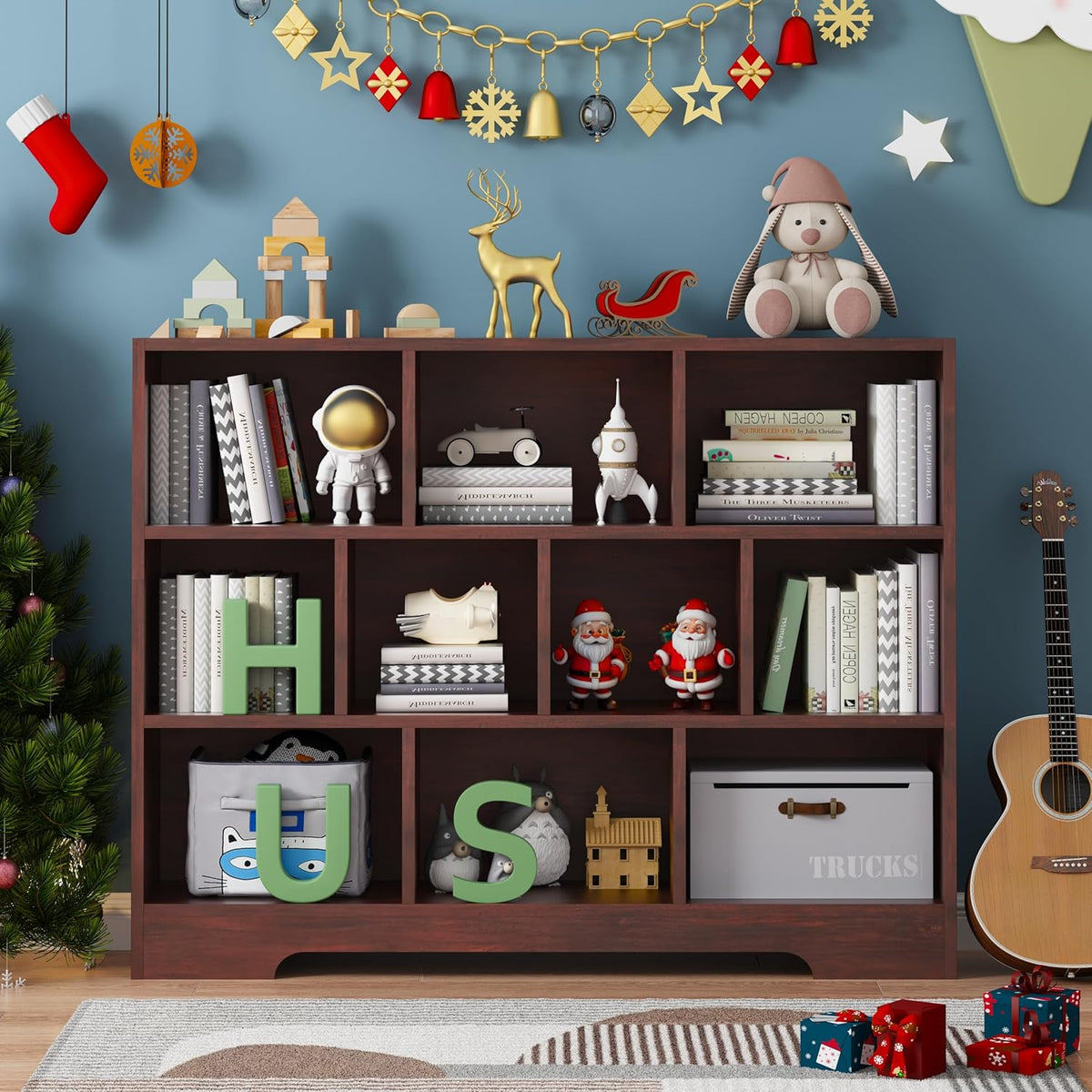Book Shelf, 10 Cubes Storage Organizer, 3-Tier Open Shelf Wooden Bookcase, Freestanding Cherry