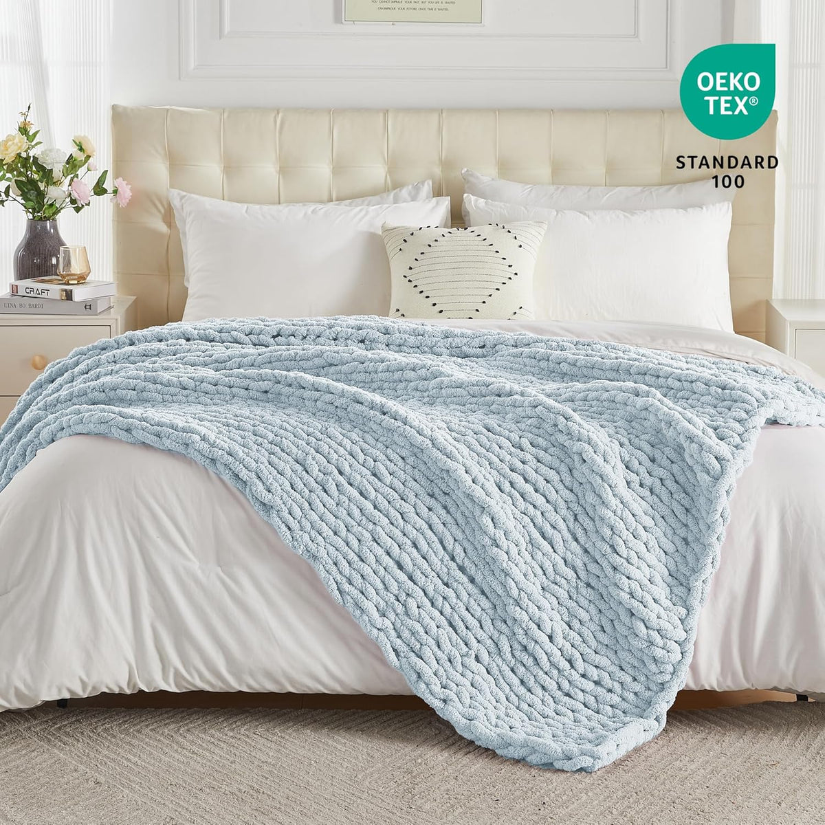 Carriediosa Chunky Knit Throw Blanket 50" X 60", 100% Hand Made Large Chenille Loop Yarn Soft