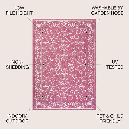 JONATHAN Y Vintage Filigree Indoor Outdoor Round Area Rug 5 Ft Fuchsia/Light Gray, Charleston