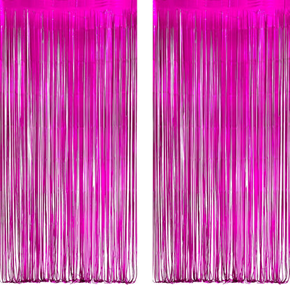 Hot Pink Party Streamers Backdrop - GREATRIL Shiny Fuchsia Tinsel Foil Fringe Curtain for