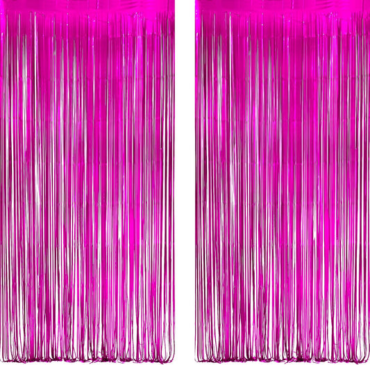 Hot Pink Party Streamers Backdrop - GREATRIL Shiny Fuchsia Tinsel Foil Fringe Curtain for
