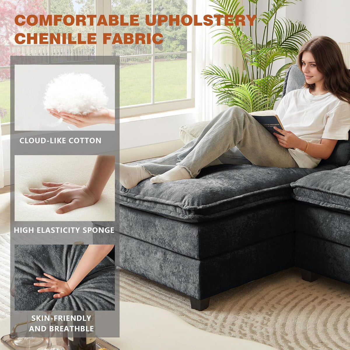 113" Oversized Cloud Couch, U Shape Sectional 4 Seat Sofa with Double Chaises, 2 Layer Cusions