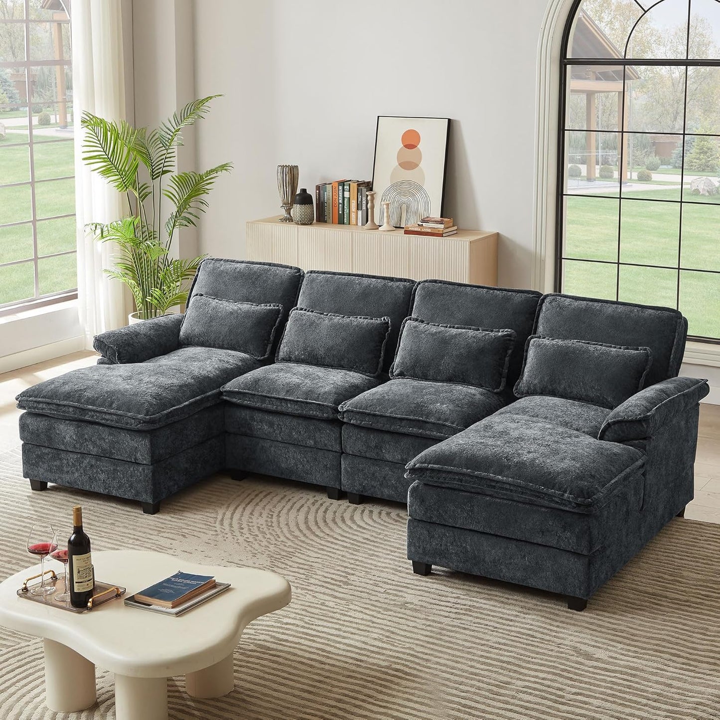 113" Oversized Cloud Couch, U Shape Sectional 4 Seat Sofa with Double Chaises, 2 Layer Cusions