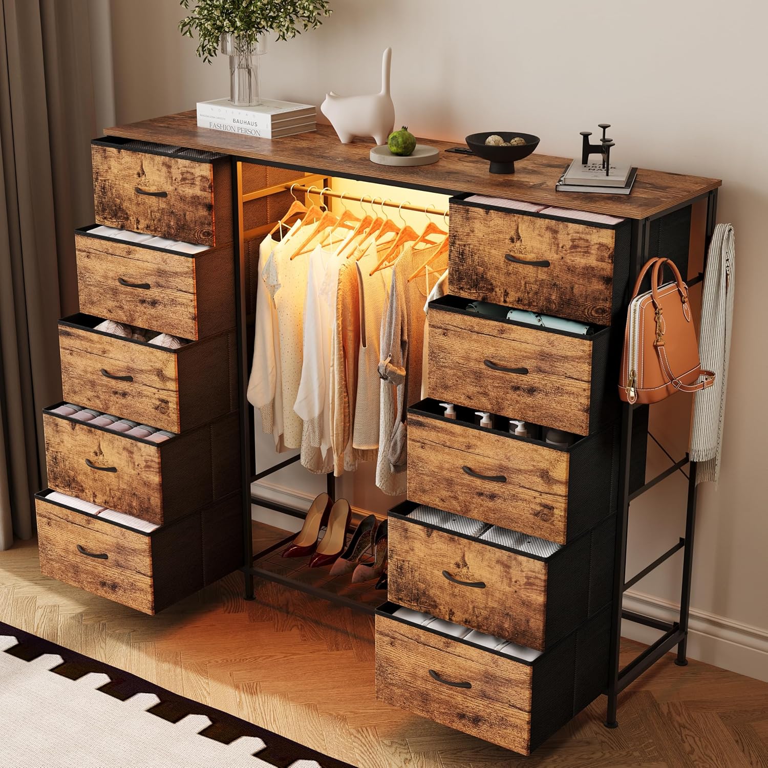 LUMTOK 55W 2-in-1 Dresser with Hanging Rack, 10 Drawers Dresser for Bedroom,Dressers with Fabric