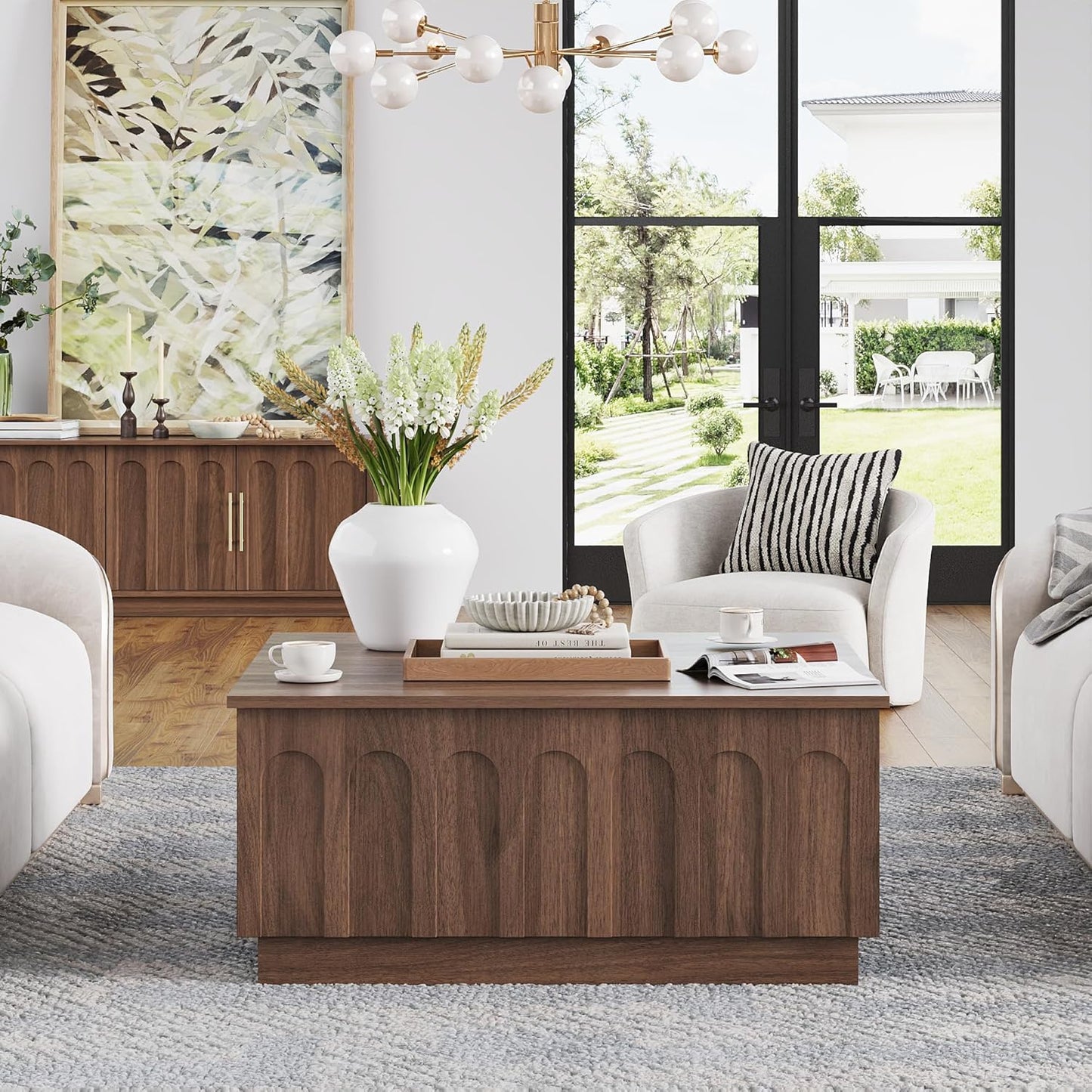 Lift Top Coffee Table with Storage, Mid Century Modern Coffee Table with Arched Design, 31.5"