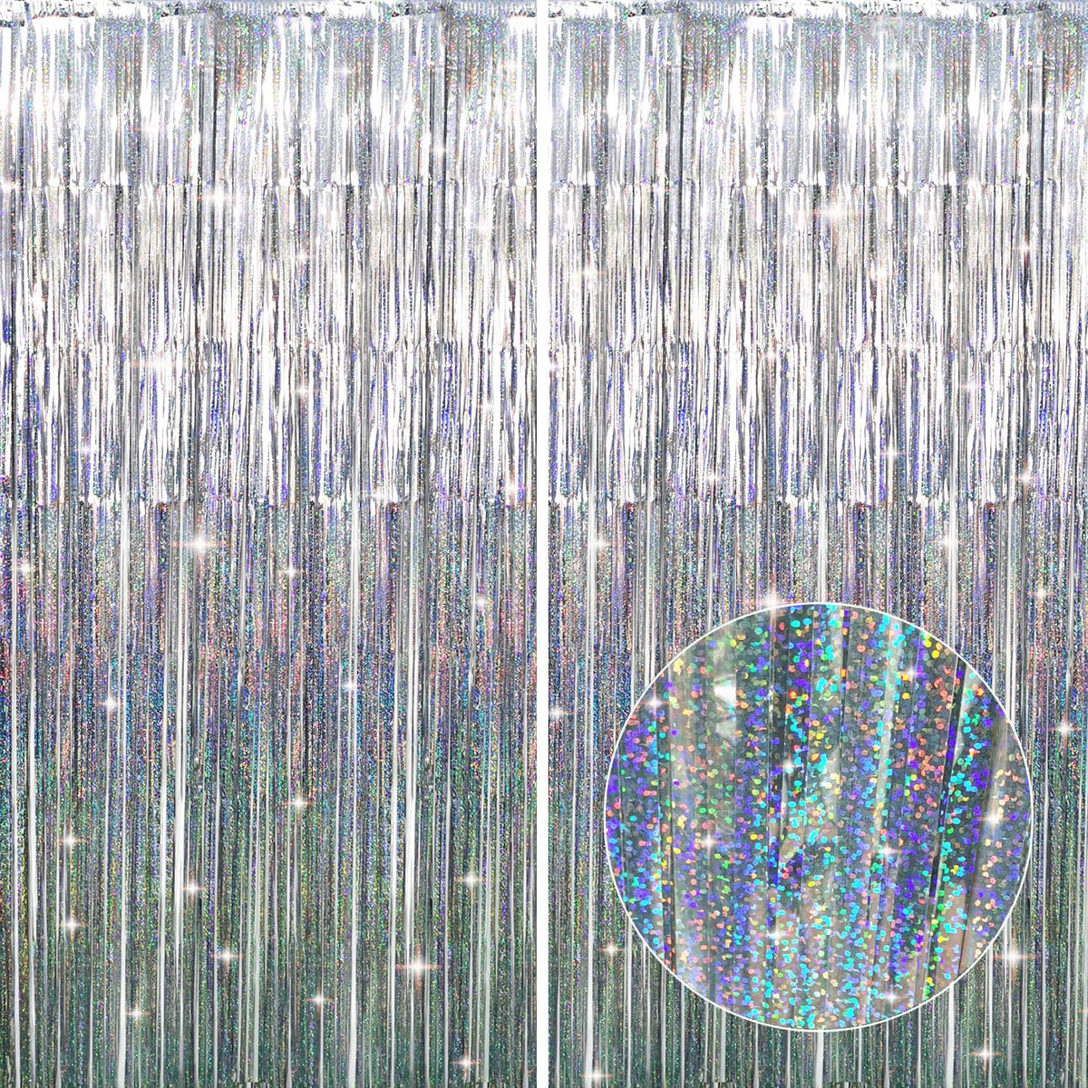 GOER 6.4 ft x 8.2 ft Metallic Tinsel Foil Fringe Curtains,Pack of 2 Party Streamer Backdrop for