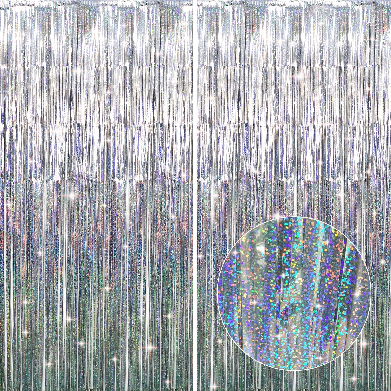 GOER 6.4 ft x 8.2 ft Metallic Tinsel Foil Fringe Curtains,Pack of 2 Party Streamer Backdrop for