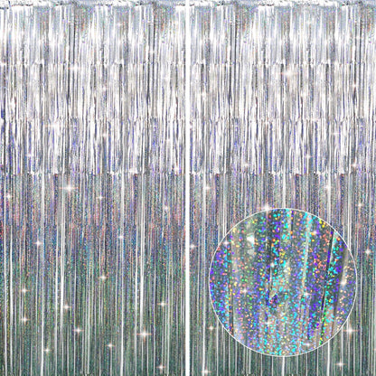 GOER 6.4 ft x 8.2 ft Metallic Tinsel Foil Fringe Curtains,Pack of 2 Party Streamer Backdrop for