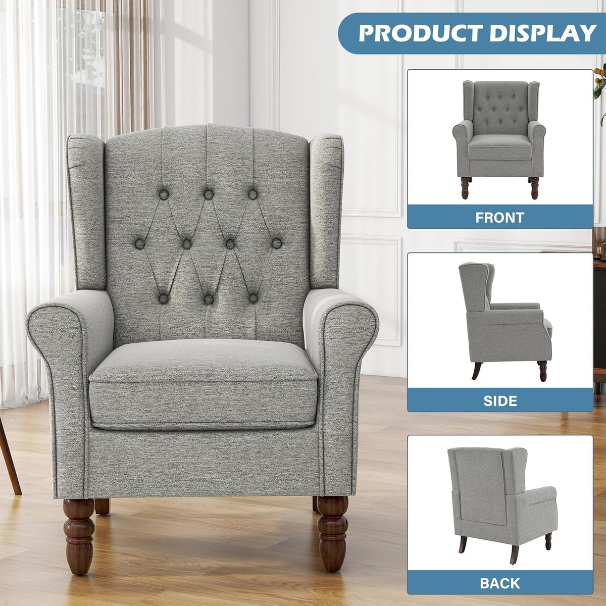 UIXE High Back Accent Chairs Set of 2, Upholstered Armchair in Fabric, Retro Wingback Arm Chair for