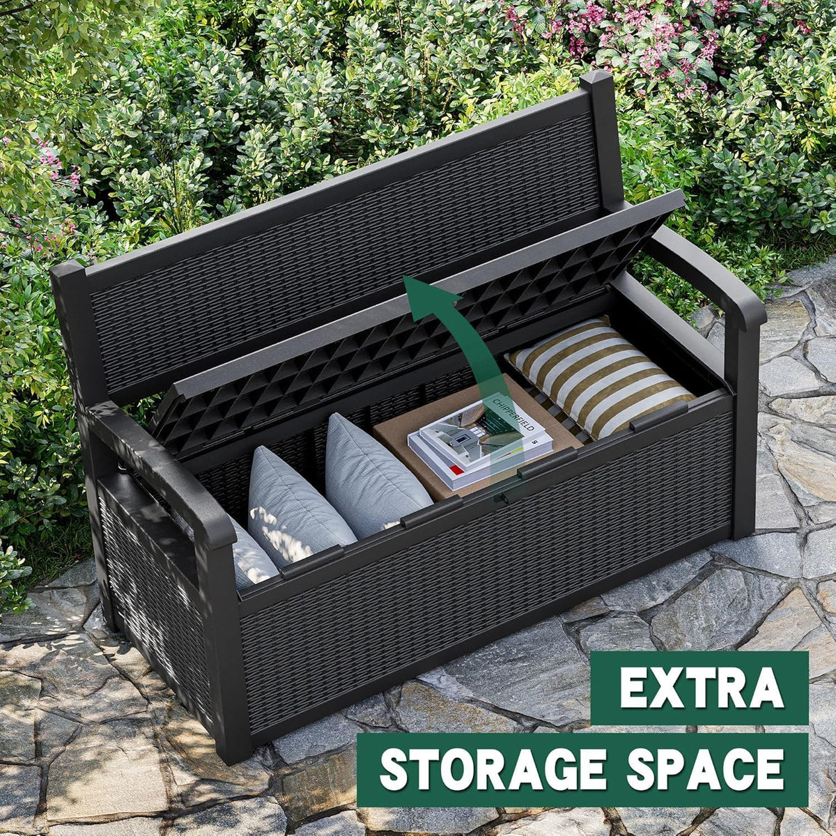 70 Gallon Lockable Outdoor Storage Bench Waterproof, Deck Box Bench for Patio, Porch, Garden