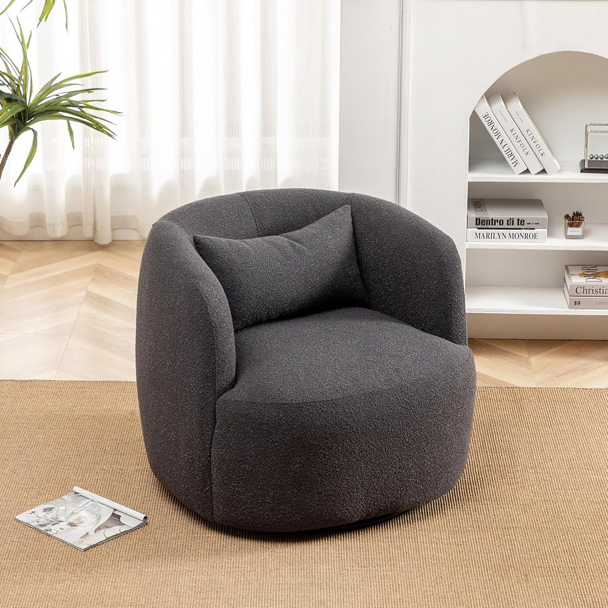 KINWELL 34" Wide Boucle Swivel Barrel Chair, No Assembly Round Upholstered Armchair Accent Chair