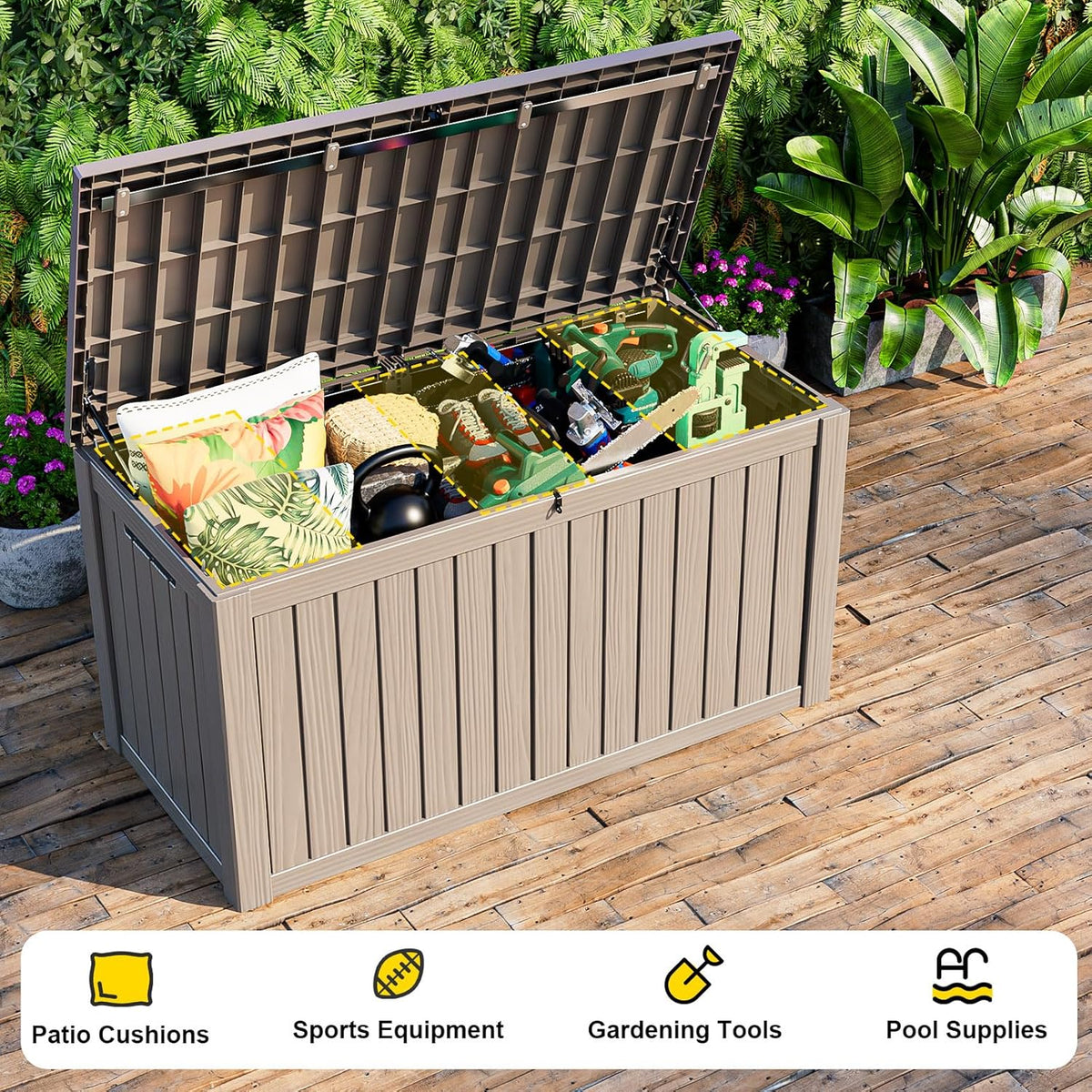 150 Gallon Deck Box,Resin Outdoor Storage Box with Lockable for Patio Furniture, Pool Accessories