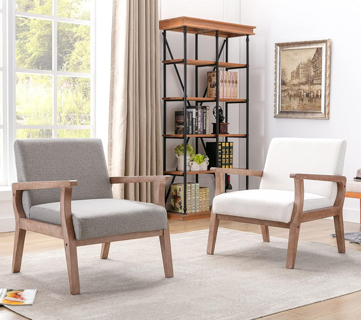Mid Century Modern Accent Chair Set of 2, Linen Upholstered Living Room Accent Armchair with Wood